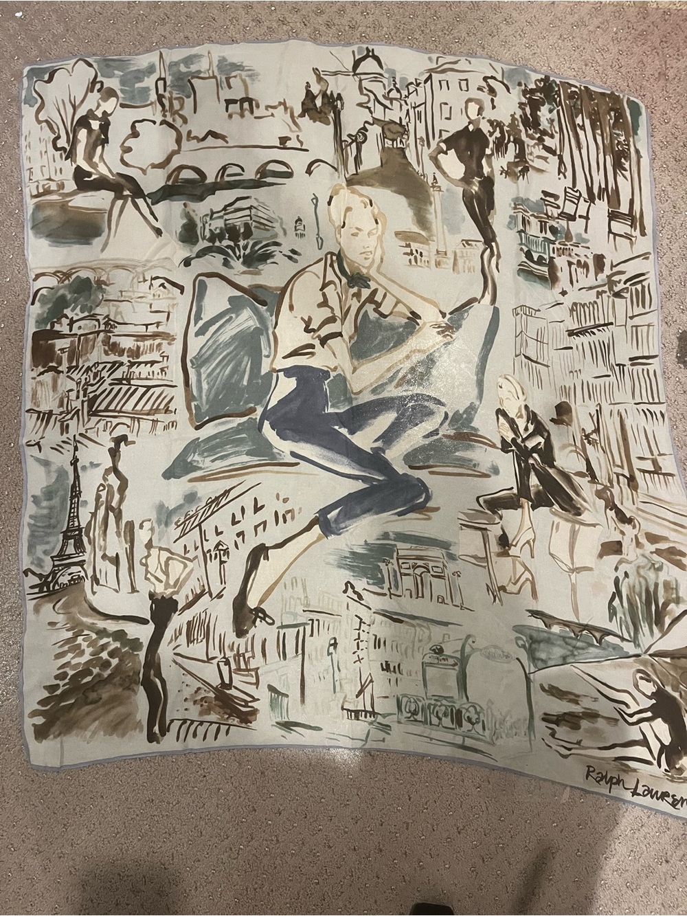 Ralph Lauren Blue Vintage, Cream and Brown Illustrated Silk Wall Art